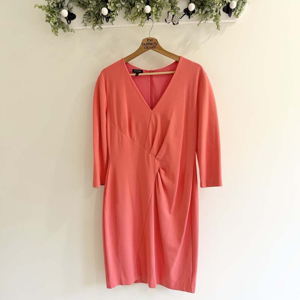 Escada coral pink V-neck sheath dress Ruched Size 42 designer luxury XX19